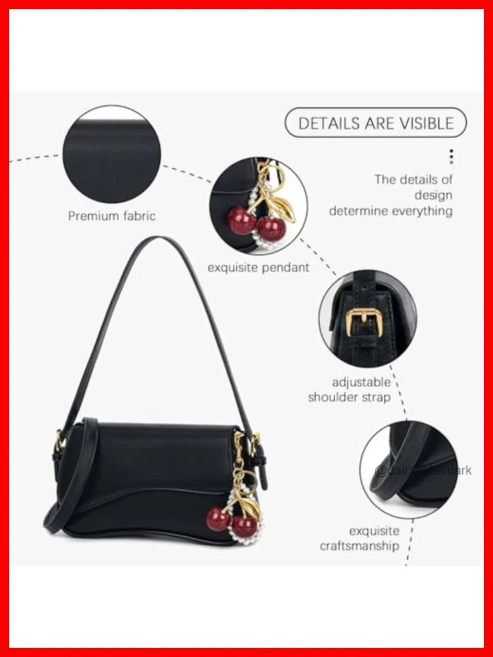 Hobo Bag with Cherry Pendant PU Leather Crossbody Shoulder Purse Y2K Detachable
